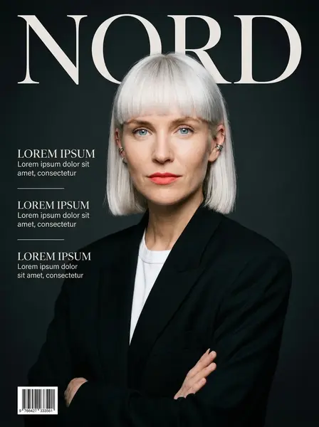 Обложка журнала NORD: женщина с белым каре в чёрном костюме скрестила руки на тёмном фоне