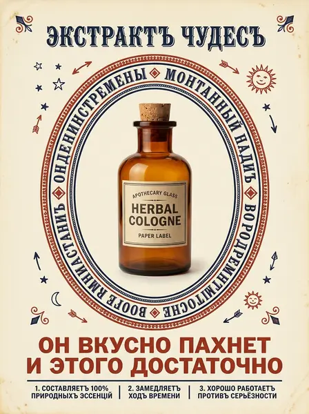 Янтарный аптекарский флакон с пробкой в овальной рамке на винтажном плакате с синими и красными орнаментами