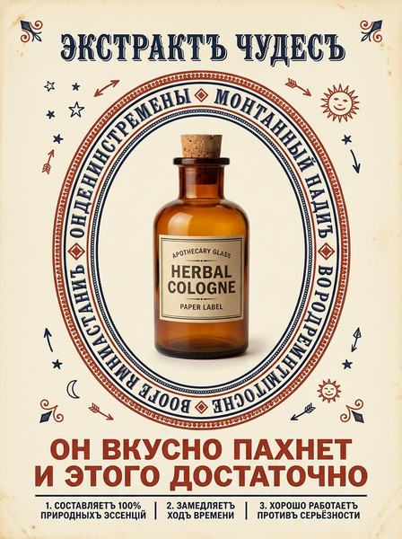 Янтарный аптекарский флакон с пробкой в овальной рамке на винтажном плакате с синими и красными орнаментами