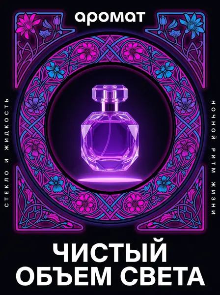 Хрустальный флакон с фиолетовой жидкостью в круглом неоновом орнаменте ар-нуво на чёрном фоне