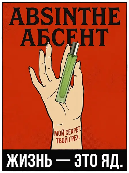 Нарисованная женская рука держит зелёный флакон духов на ярко-красном фоне в стиле афиш Мулен Руж