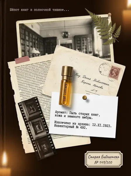 Маленький флакон духов с латунной крышкой приколот к карточке среди старых писем и фото на тёмном фоне