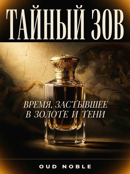 Хрустальный флакон духов с золотой крышкой в драматичном свете на фоне старинной фрески