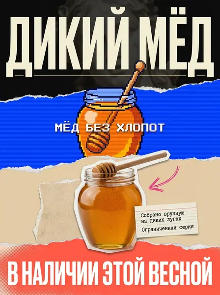 Банка мёда с деревянной ложкой на вертикальном постере из четырёх цветных зон разных стилей