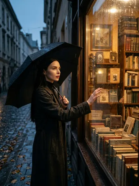 Витрина книжного под дождём — пример ИИ-фото по промту