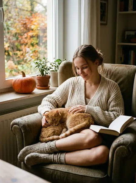 Рыжий кот на коленях с книгой — пример ИИ-фото по промту