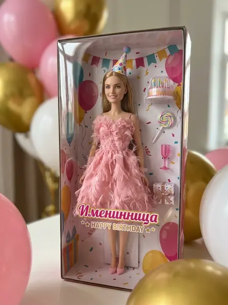 Именинница-фигурка в коробке — пример ИИ-фото по промту