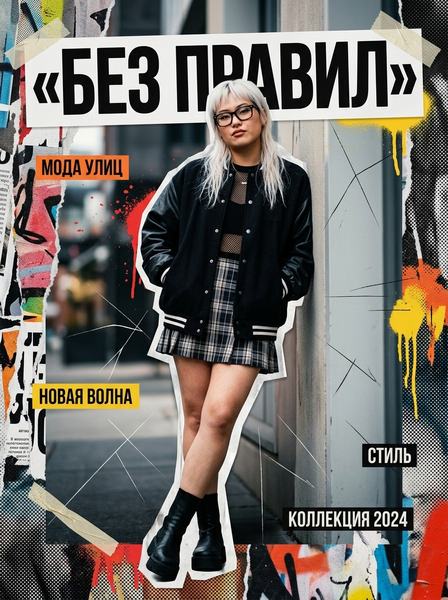Девушка в очках, чёрном бомбере и клетчатой мини-юбке на коллаже с надписью «Без правил»