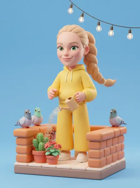 Мягкая 3D-фигурка девушки в жёлтом худи поливает из лейки кактусы и герань на крошечном балконе с гирляндой