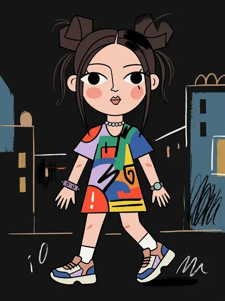Векторная kawaii-девушка с большими глазами в разноцветном платье на тёмном фоне с домами