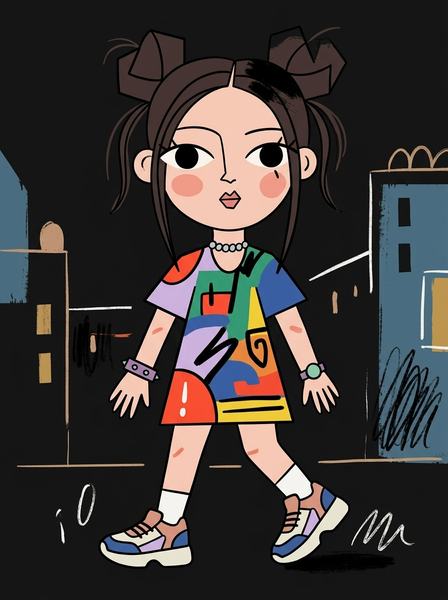 Векторная kawaii-девушка с большими глазами в разноцветном платье на тёмном фоне с домами