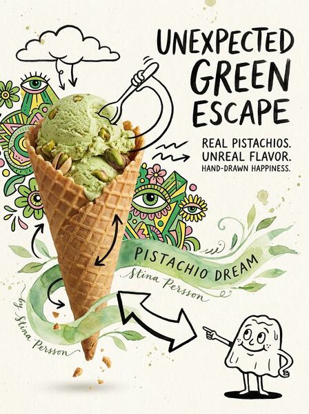 Рожок фисташкового мороженого среди рисованных дудлов и стрелок, надпись UNEXPECTED GREEN ESCAPE