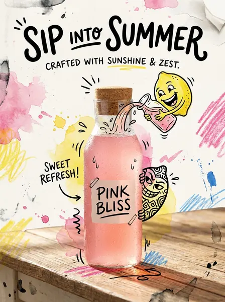 Бутылка розового лимонада с рисованным смеющимся лимоном, заголовок SIP INTO SUMMER