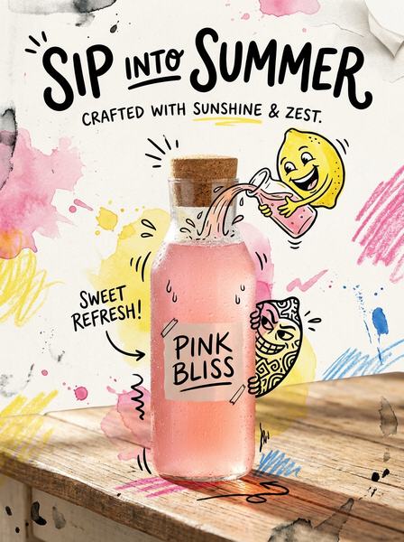 Бутылка розового лимонада с рисованным смеющимся лимоном, заголовок SIP INTO SUMMER