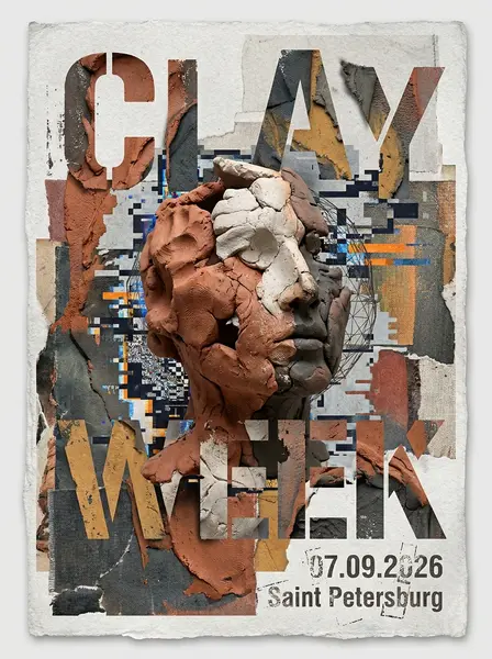 Афиша CLAY WEEK: вылепленное из глины лицо среди рваной бумаги и крупных букв