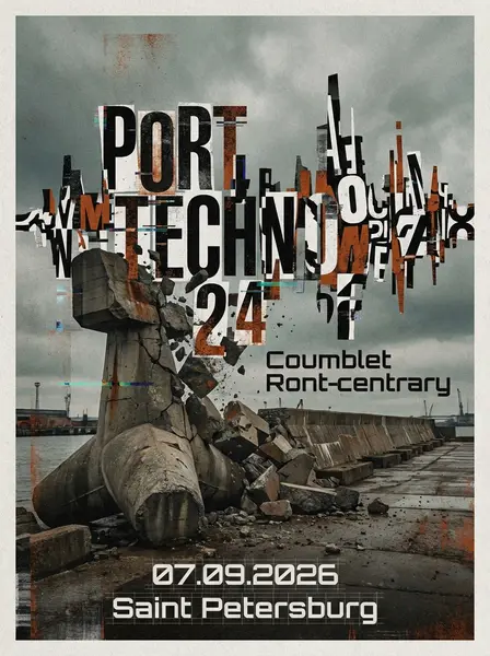 Афиша PORT TECHNO 24: глитч-буквы над бетонным волнорезом в порту под серым небом