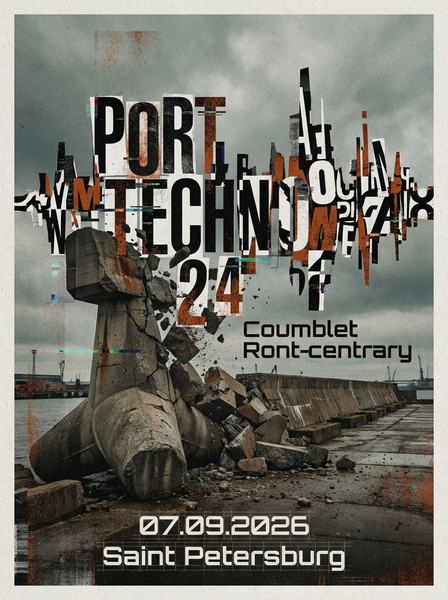 Афиша PORT TECHNO 24: глитч-буквы над бетонным волнорезом в порту под серым небом