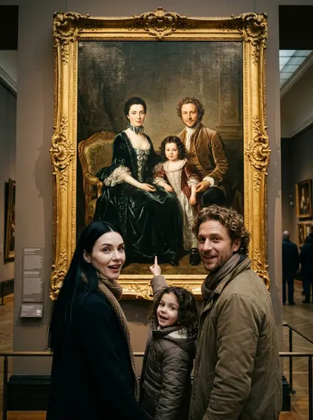 Семья перед своим портретом в музее — пример ИИ-фото по промту