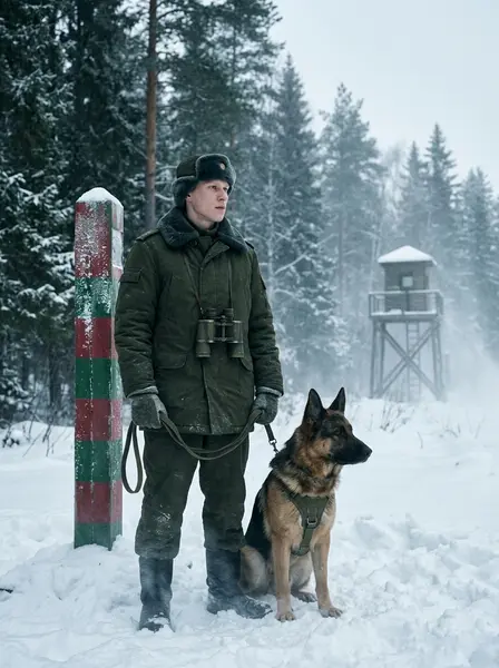 Пограничник с овчаркой на заставе — пример ИИ-фото по промту