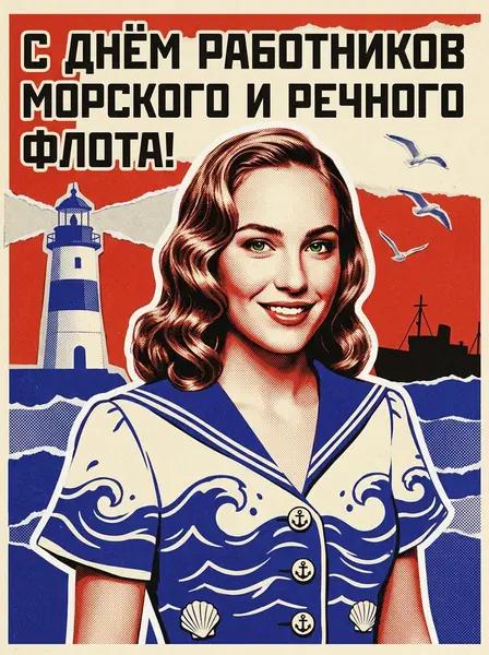 Улыбающаяся девушка в матросском платье на ретро-плакате с маяком, волнами и чайками