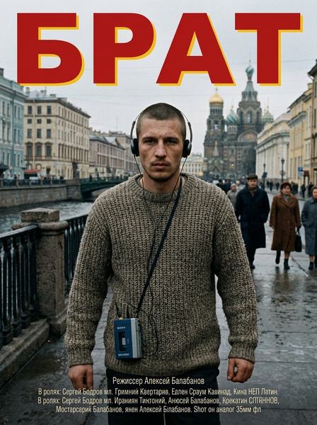 Мужчина в вязаном свитере и наушниках идёт по серой набережной Петербурга, постер «Брат»