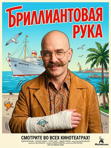 Лысый мужчина с усами и в очках с гипсом на руке в солнечном порту, афиша «Бриллиантовая рука»