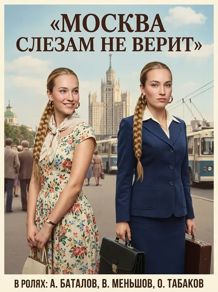 Девушка дважды: в платье 50-х и деловом костюме 70-х у сталинской высотки на советской афише