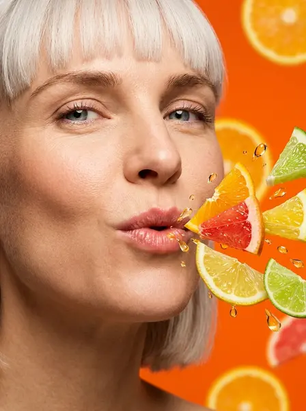 Крупный план женщины с белым каре, от губ разлетаются дольки грейпфрута, лимона и лайма