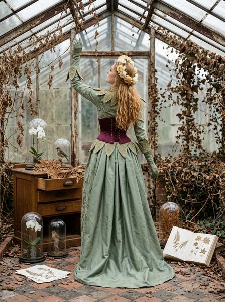 Женщина в зелёном платье со шлейфом стоит спиной и тянется к засохшей лозе под стеклянной крышей
