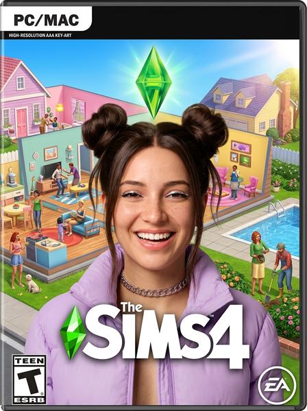 Улыбающаяся девушка с зелёным кристаллом над головой на обложке игры The Sims 4 с домом и бассейном