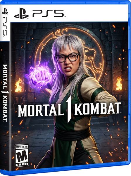 Женщина в очках со светящимся фиолетовым кулаком на обложке игры Mortal Kombat