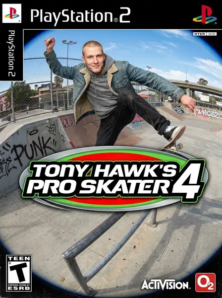 Парень в прыжке на скейте над перилами в скейт-парке, обложка игры Tony Hawk's Pro Skater