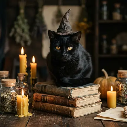 Чёрный кот в шляпе ведьмы — пример ИИ-фото по промту