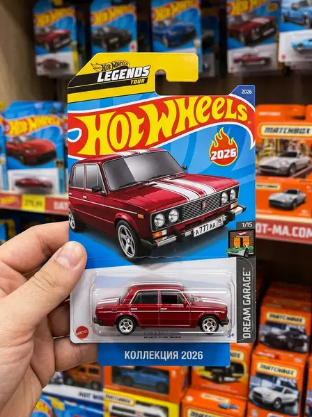 Рука держит блистер Hot Wheels с вишнёвыми «Жигулями» с белыми полосами на фоне витрины