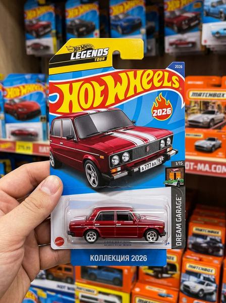 Рука держит блистер Hot Wheels с вишнёвыми «Жигулями» с белыми полосами на фоне витрины