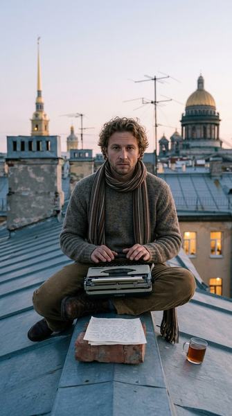 Мужчина в свитере и полосатом шарфе сидит на крыше с печатной машинкой, вдали шпиль и купол