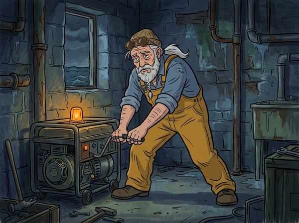 Худой смотритель маяка в вязаной шапке тянет рукоять дизельного генератора в каменном подвале, мультфильм