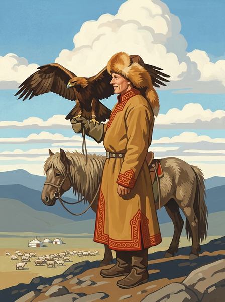 Охотник в лисьей шапке с беркутом на руке стоит в профиль на скалистом холме над долиной с белыми юртами.