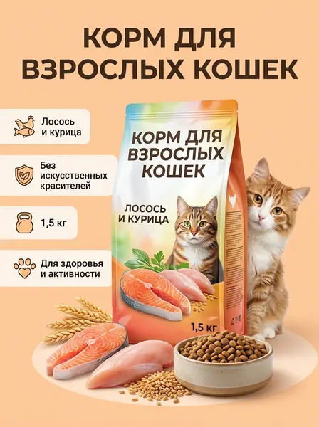 Карточка корма для кошек: состав — пример ИИ-фото по промту