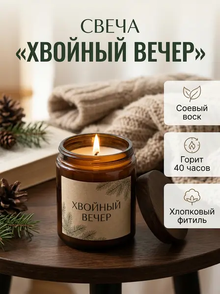 Карточка свечи: атмосфера в интерьере — пример ИИ-фото по промту