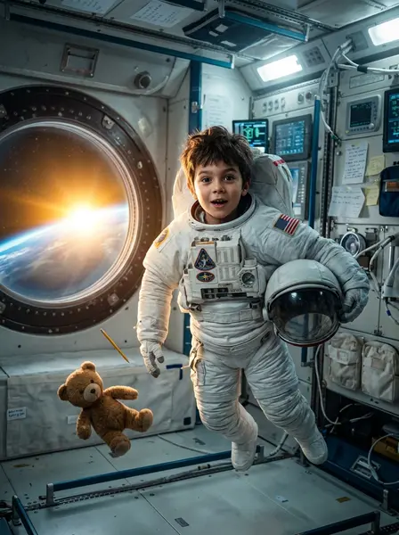 Маленький космонавт у иллюминатора — пример ИИ-фото по промту