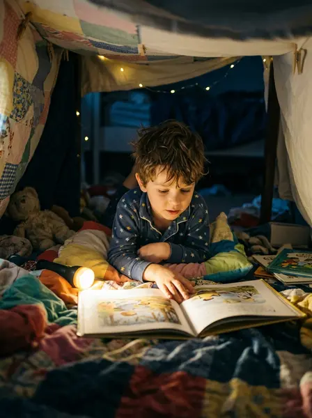 Чтение под одеялом с фонариком — пример ИИ-фото по промту
