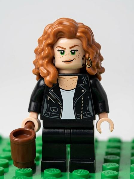 LEGO-минифигурка с медными кудрями и веснушками в кожаной куртке с кружкой на зелёной пластине