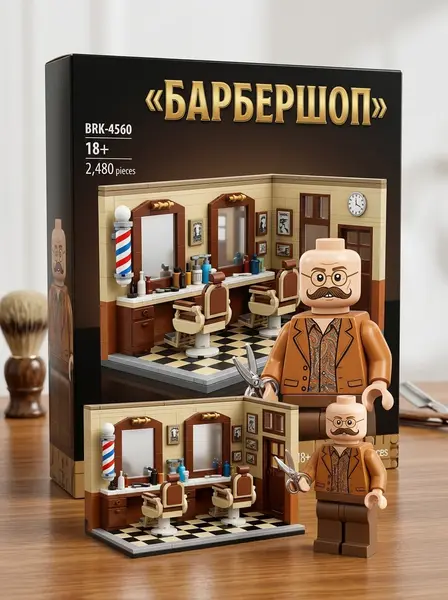 Коробка набора «Барбершоп» с собранной парикмахерской и минифигуркой с усами в очках