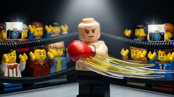 LEGO-минифигурка в красной перчатке наносит удар на ринге под вспышками фотоаппаратов фанатов