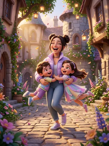 Мама и дети в 3D-мультфильме — пример ИИ-фото по промту