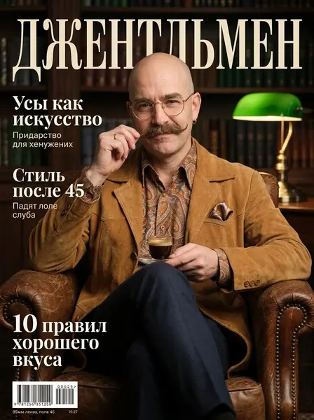 Мужчина в замшевом пиджаке сидит с чашкой эспрессо в кожаном кресле библиотеки под крупным заголовком обложки.