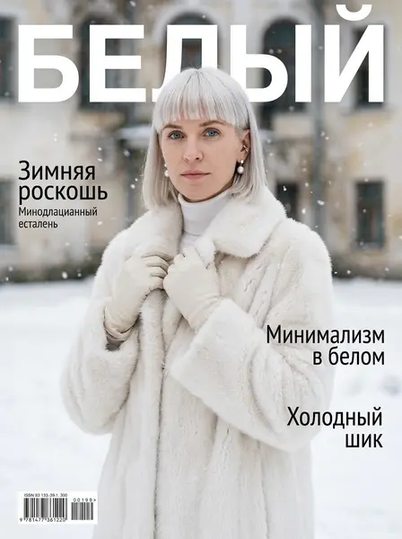 Девушка в белой длинной шубе стоит под снегопадом во дворе старой усадьбы на светлой журнальной обложке.