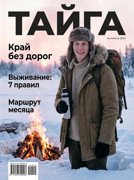 Мужчина в парке с меховым капюшоном стоит по колено в снегу у костра в заиндевевшем еловом лесу на обложке журнала.