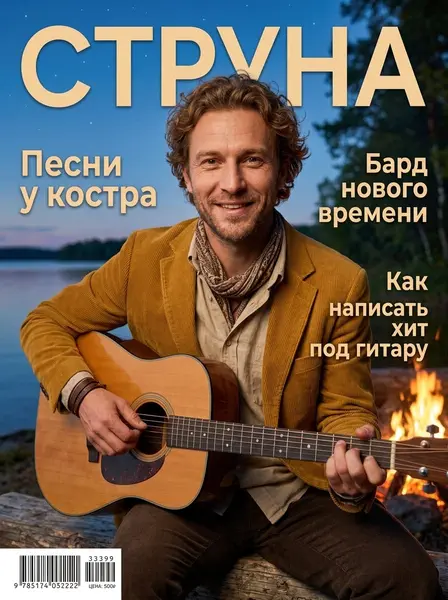 Мужчина с акустической гитарой сидит на бревне у костра на берегу озера в сумерках под логотипом журнала.